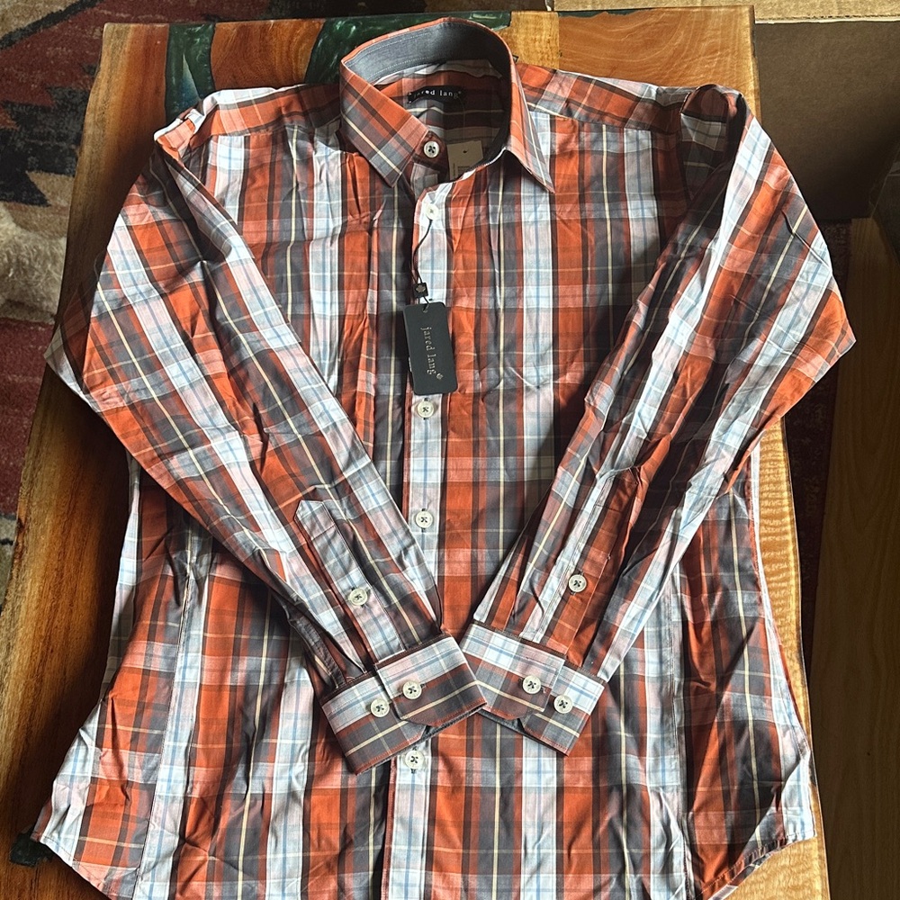 Jared Lang Men's Vibrant Orange and Gray Checkered Shirt